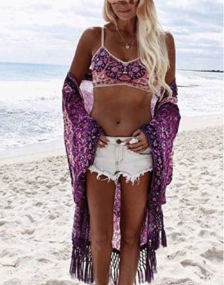 Purplish Floral Chiffon Cover Up for Swimwear Tassel Cardigan - Bsubseach