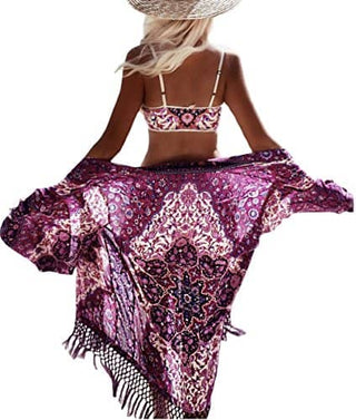 Purplish Floral Chiffon Cover Up for Swimwear Tassel Cardigan - Bsubseach