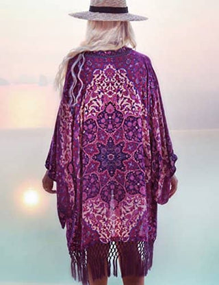 Purplish Floral Chiffon Cover Up for Swimwear Tassel Cardigan - Bsubseach