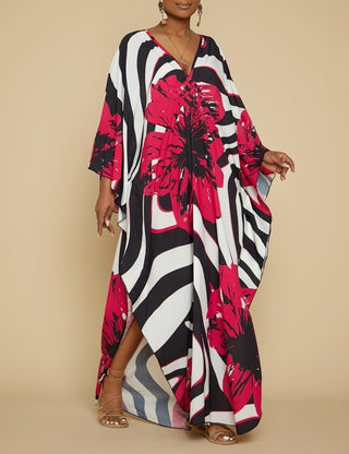 Red Flowers Plus Size Caftan: Long Beach Cover - Up - Bsubseach