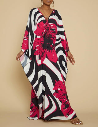 Red Flowers Plus Size Caftan: Long Beach Cover - Up - Bsubseach