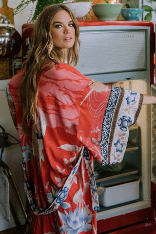 red kimono cardigan long beach cover up dress