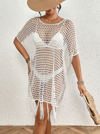 Sexy Batwing Sleeve Cover Up Fringed Hem White - Bsubseach