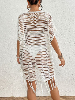 Sexy Batwing Sleeve Cover Up Fringed Hem White - Bsubseach