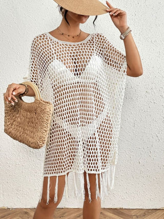 Sexy Batwing Sleeve Cover Up Fringed Hem White - Bsubseach