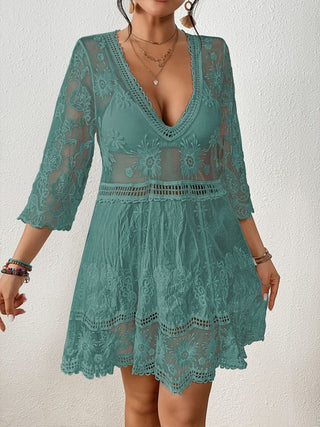 Sexy V Neck Contrast Lace Coverup Beach Dress - Bsubseach