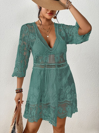 Sexy V Neck Contrast Lace Coverup Beach Dress - Bsubseach