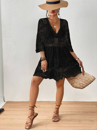 Sexy V Neck Contrast Lace Coverup Beach Dress - Bsubseach