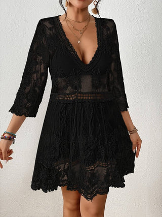 Sexy V Neck Contrast Lace Coverup Beach Dress - Bsubseach