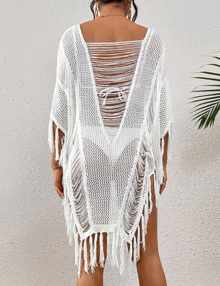 Sheer Bikini Coverup: Fringe, Tassel Tops for Beach White - Bsubseach