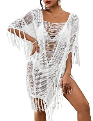 Sheer Bikini Coverup: Fringe, Tassel Tops for Beach White - Bsubseach