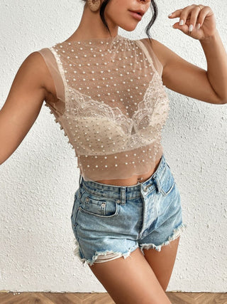 Sheer Pearl Rhinestone Fishnet Bikini Cover Up - Bsubseach