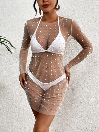 Sheer Rhinestone Mesh Fishnet Swim Cover up - Bsubseach