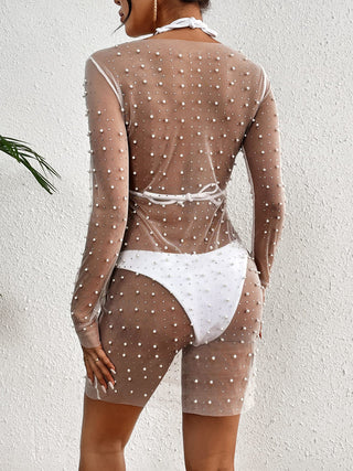 Sheer Rhinestone Mesh Fishnet Swim Cover up - Bsubseach