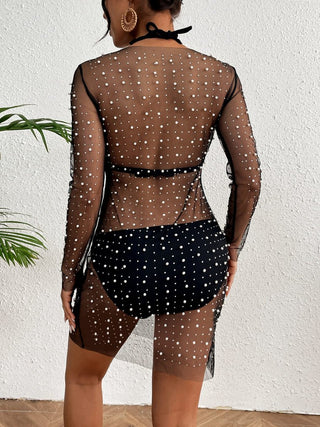 Sheer Rhinestone Mesh Fishnet Swim Cover up - Bsubseach