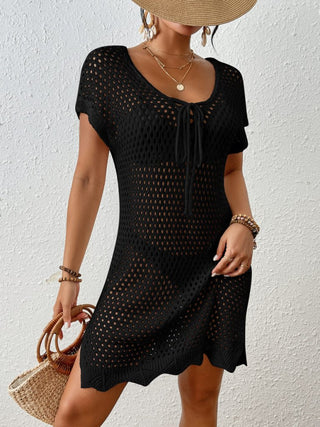 Short Sleeve Crochet Hollow Out Swim Coverups Beach Mini Dress - Bsubseach