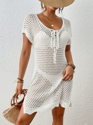 Short Sleeve Crochet Hollow Out Swim Coverups Beach Mini Dress - Bsubseach