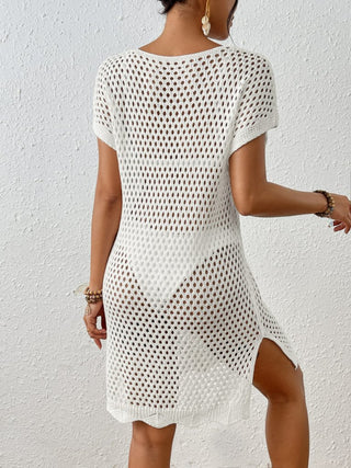 Short Sleeve Crochet Hollow Out Swim Coverups Beach Mini Dress - Bsubseach