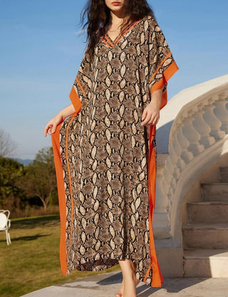 Snake Pattern Beach Kaftan: Summer Half Sleeve Swimsuit Cover Up - Bsubseach