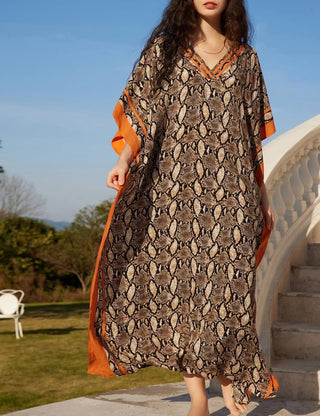 Snake Pattern Beach Kaftan: Summer Half Sleeve Swimsuit Cover Up - Bsubseach