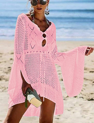 Solid Knit Drawstring Women Beach Cover Ups - Bsubseach