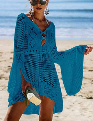 Solid Knit Drawstring Women Beach Cover Ups - Bsubseach