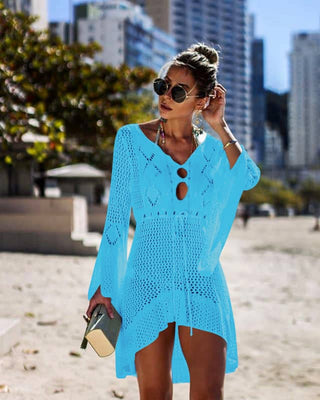 Solid Knit Drawstring Women Beach Cover Ups - Bsubseach