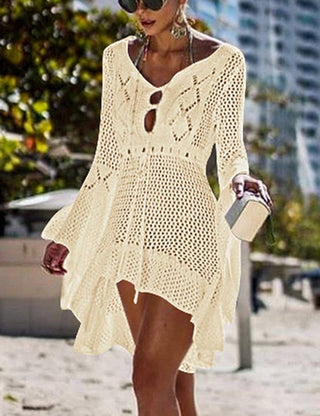 Solid Knit Drawstring Women Beach Cover Ups - Bsubseach