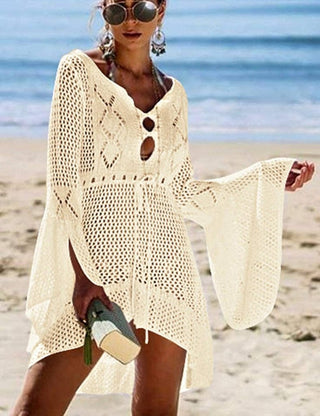 Solid Knit Drawstring Women Beach Cover Ups - Bsubseach