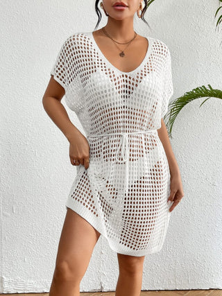 Solid V - Neck Crochet Long Sleeve Beach Cover Up - Bsubseach