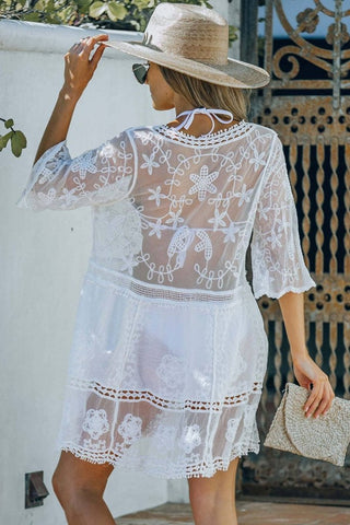 Stylish V - Neck Bikini White Lace Beach Dress - Bsubseach