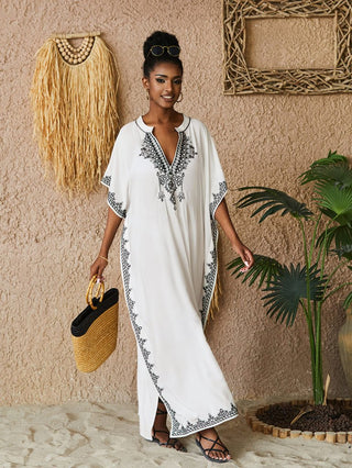 V Neck Embroided Plus Size Kaftan Cover Up - Bsubseach