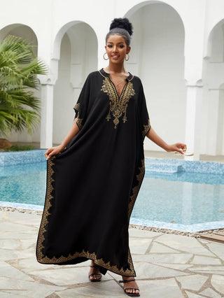 V Neck Embroided Plus Size Kaftan Cover Up - Bsubseach