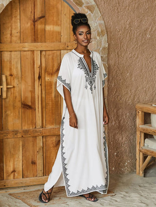 V Neck Embroided Plus Size Kaftan Cover Up - Bsubseach