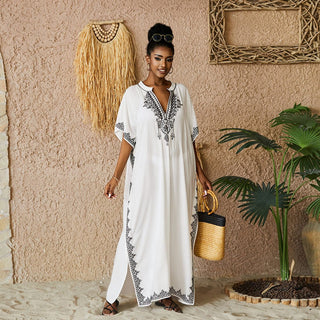 V Neck Embroided Plus Size Kaftan Cover Up - Bsubseach