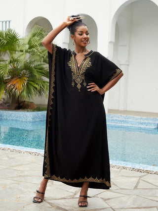 V Neck Embroided Plus Size Kaftan Cover Up - Bsubseach