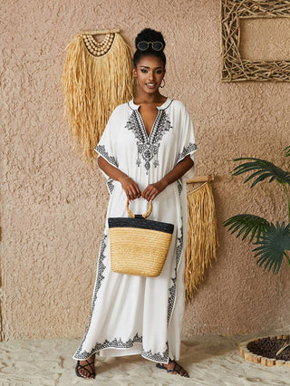 V Neck Embroided Plus Size Kaftan Cover Up - Bsubseach