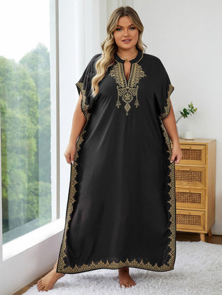 V Neck Embroided Plus Size Kaftan Cover Up - Bsubseach