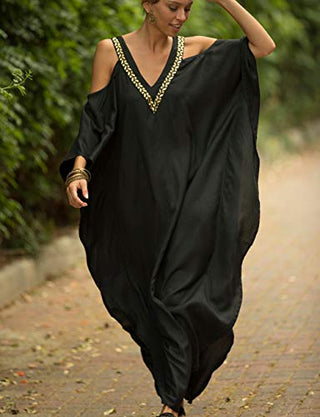 V Neck Plus Size Black Summer Dress Maxi - Bsubseach