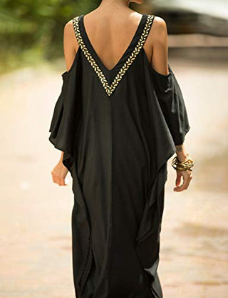 V Neck Plus Size Black Summer Dress Maxi - Bsubseach