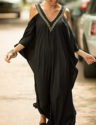 V Neck Plus Size Black Summer Dress Maxi - Bsubseach