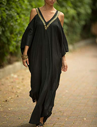 V Neck Plus Size Black Summer Dress Maxi - Bsubseach