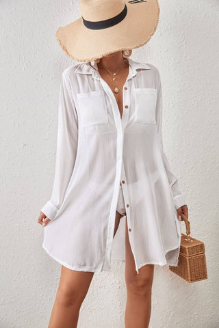 White Beach Shirt Cover Up Women's Button Down Collar - Bsubseach