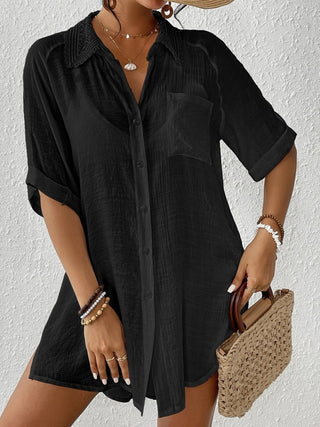 White &Black Bikini Button Down Shirt Cover Up - Bsubseach