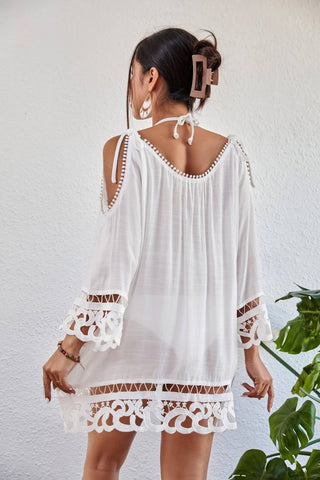 White Cold Shoulder Swimsuit Coverup Beach Tunic Top - Bsubseach