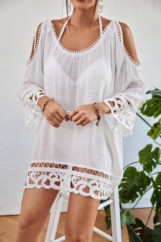 White Cold Shoulder Swimsuit Coverup Beach Tunic Top - Bsubseach