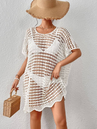 White Crochet Swim Cover Up Dress with Short Sleeve - Bsubseach