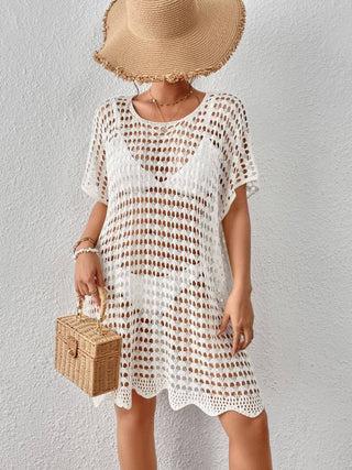 White Crochet Swim Cover Up Dress with Short Sleeve - Bsubseach