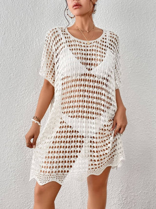 White Crochet Swim Cover Up Dress with Short Sleeve - Bsubseach