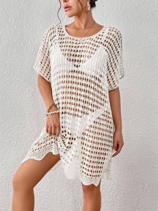 White Crochet Swim Cover Up Dress with Short Sleeve - Bsubseach